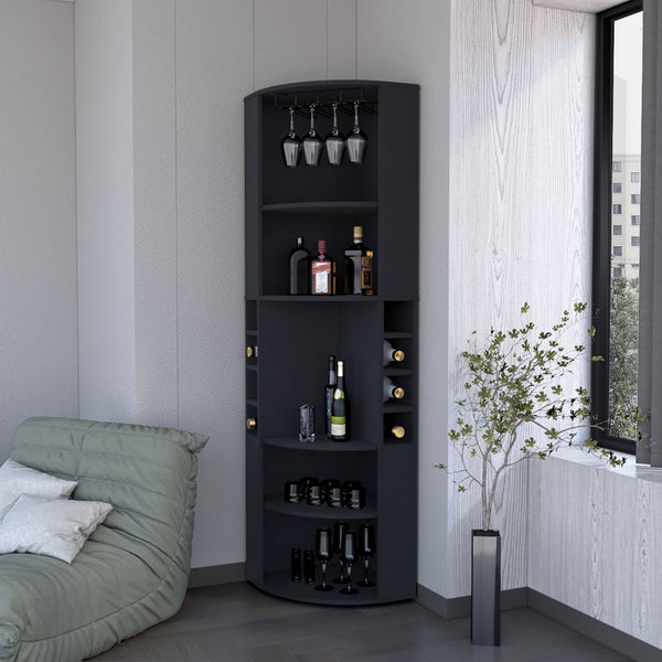 English Elm Fm Furniture Clifton Tall Corner Bar Cabinet with Wine Rack Stemware Hanger Warm Finish B128S00064