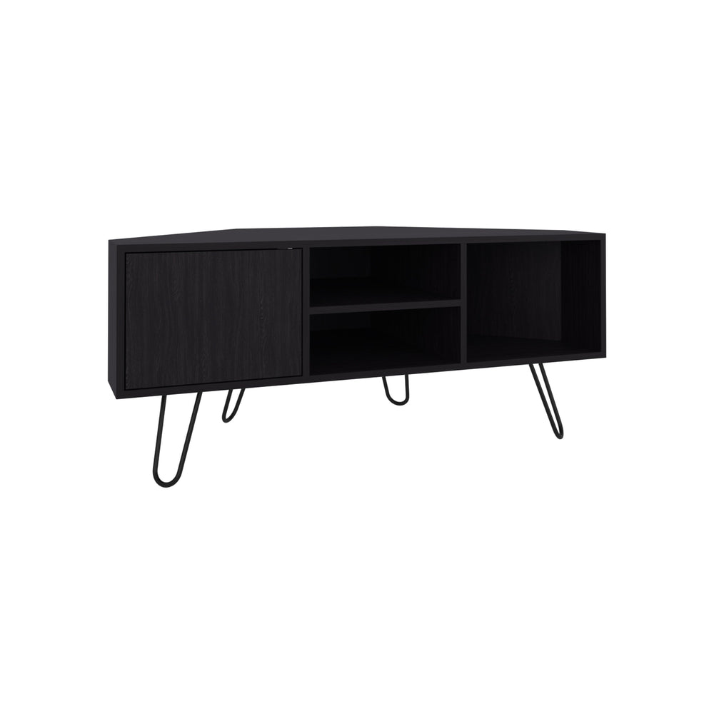 English Elm TV Stand Engineered Wood 1 Door 3 Shelves 4 Legs Black — Compact Modern TV Console, Stable Storage B097P350288