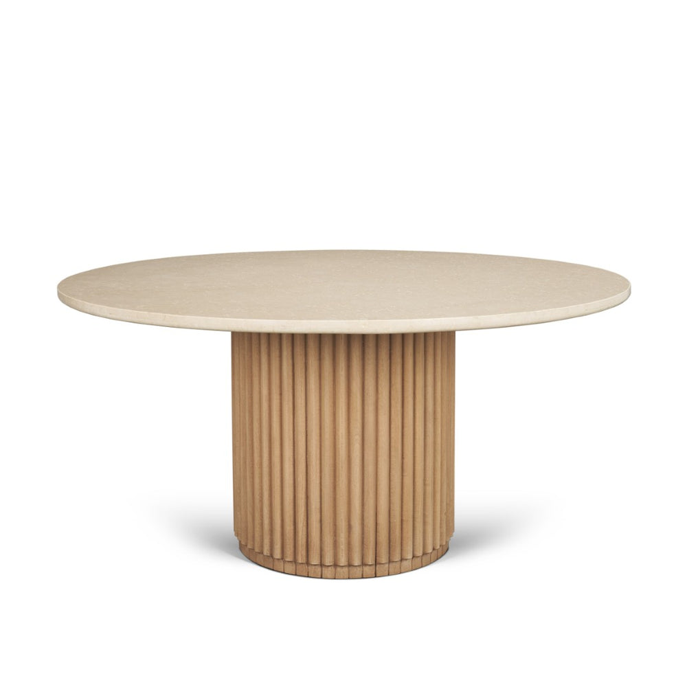 Mercana Marbrello Round Dining Table: Elegant Botticino Marble Top with Fluted Wood Base for Stylish Gatherings 71216-AB