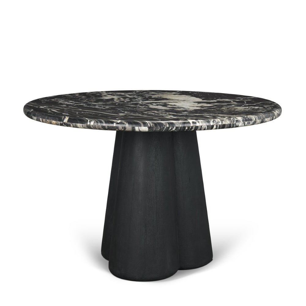 Mercana Marilyn Round Dining Table with Striking Black Forest Marble Top and Sculptural Wood Pedestal Design 71221-AB