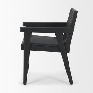 Mercana Reid Modern Mid-Century Armchair with Full-Grain Leather Seat and Handwoven Back for Stylish Comfort Cane | Black Wood 71244