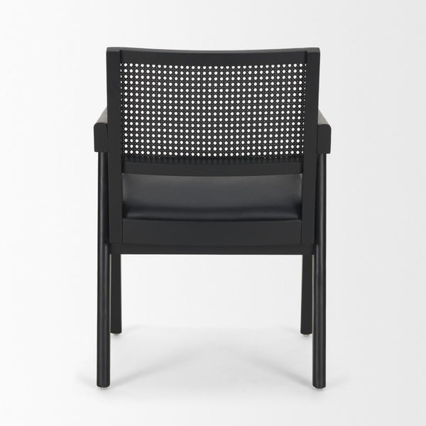 Mercana Reid Modern Mid-Century Armchair with Full-Grain Leather Seat and Handwoven Back for Stylish Comfort Cane | Black Wood 71244