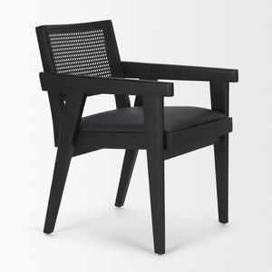 Mercana Reid Modern Mid-Century Armchair with Full-Grain Leather Seat and Handwoven Back for Stylish Comfort Cane | Black Wood 71244