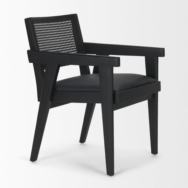 Mercana Reid Modern Mid-Century Armchair with Full-Grain Leather Seat and Handwoven Back for Stylish Comfort Cane | Black Wood 71244