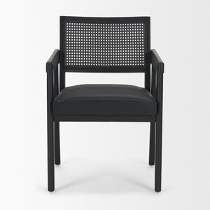 Mercana Reid Modern Mid-Century Armchair with Full-Grain Leather Seat and Handwoven Back for Stylish Comfort Cane | Black Wood 71244