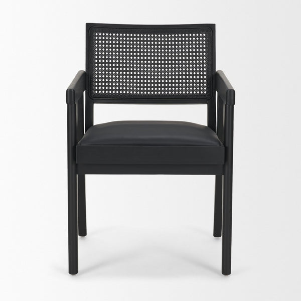 Mercana Reid Modern Mid-Century Armchair with Full-Grain Leather Seat and Handwoven Back for Stylish Comfort Cane | Black Wood 71244