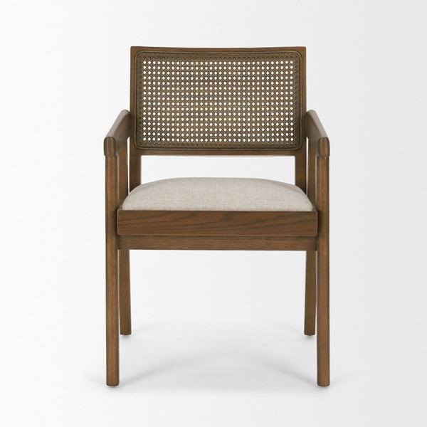 Mercana Reid Modern Mid-Century Armchair with Full-Grain Leather Seat and Handwoven Back for Stylish Comfort Cane | Brown Wood 71245