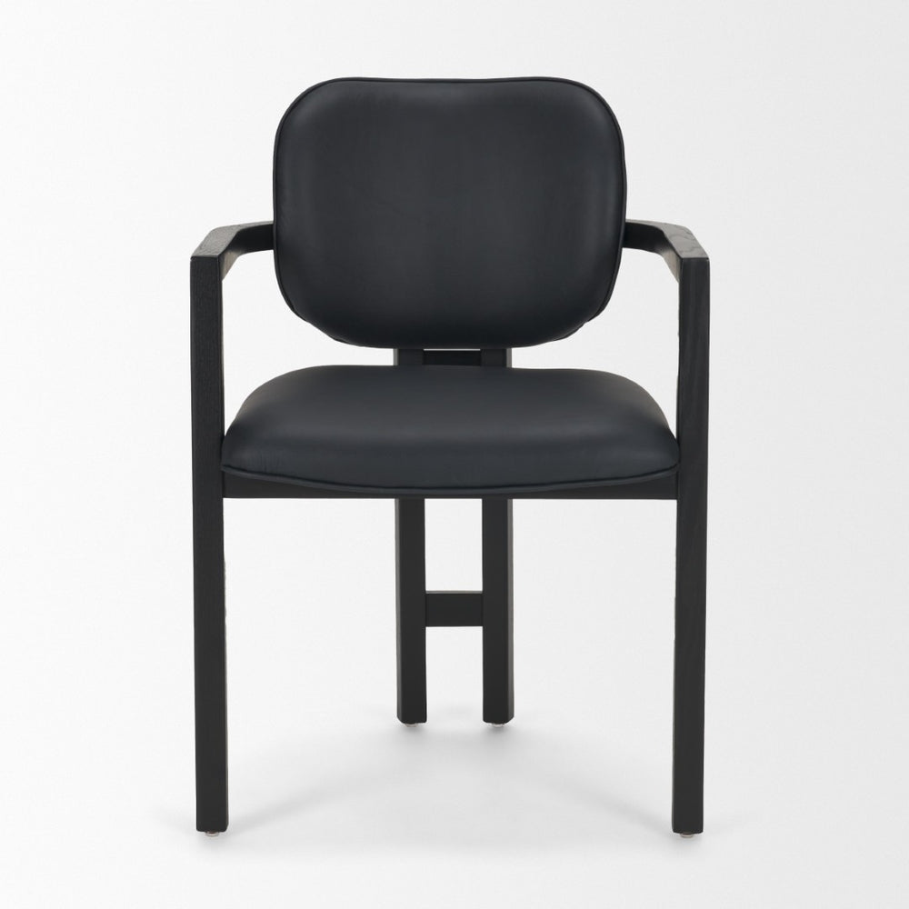 Mercana Carlisle Elegant Tan Leather Dining Armchair with Curved Back and Solid Wood Frame for Comfort Black Leather | Black Wood 71257