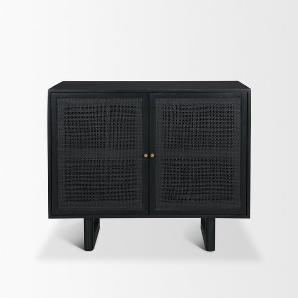 Mercana Grier 36" Solid Mango Wood Accent Cabinet with Woven Cane Doors for Stylish Storage Solutions Black Wood | Black Cane | Brass 71141