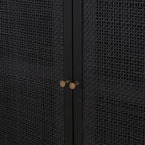 Mercana Grier 36" Solid Mango Wood Accent Cabinet with Woven Cane Doors for Stylish Storage Solutions Black Wood | Black Cane | Brass 71141