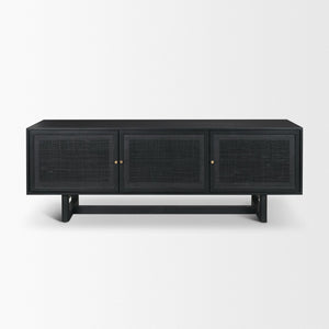 Mercana Grier 65" Rustic Mango Wood Media Console with Woven Cane Doors for Stylish Living Room Storage Black Wood | Black Cane | Brass 71143
