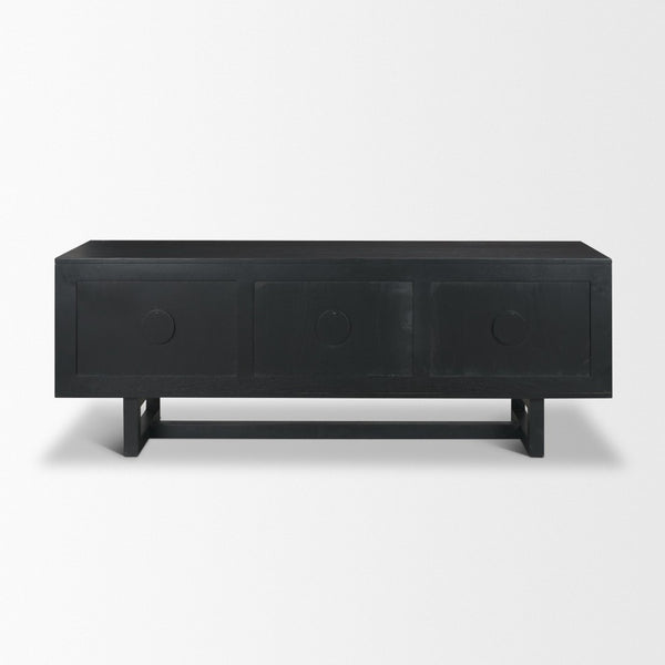 Mercana Grier 65" Rustic Mango Wood Media Console with Woven Cane Doors for Stylish Living Room Storage Black Wood | Black Cane | Brass 71143