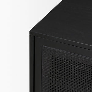 Mercana Grier 65" Rustic Mango Wood Media Console with Woven Cane Doors for Stylish Living Room Storage Black Wood | Black Cane | Brass 71143