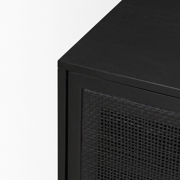 Mercana Grier 65" Rustic Mango Wood Media Console with Woven Cane Doors for Stylish Living Room Storage Black Wood | Black Cane | Brass 71143