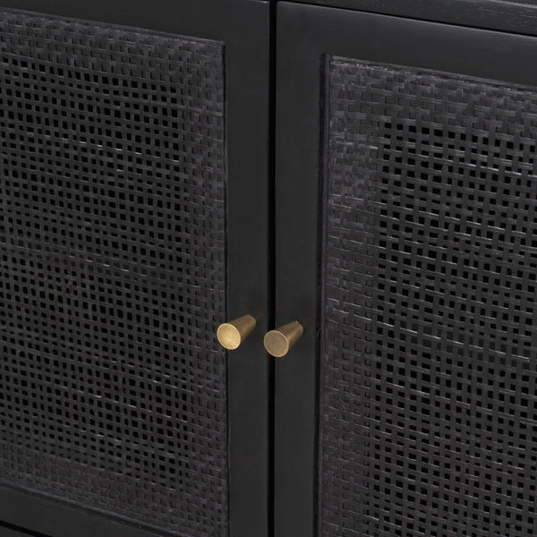 Mercana Grier 65" Rustic Mango Wood Media Console with Woven Cane Doors for Stylish Living Room Storage Black Wood | Black Cane | Brass 71143