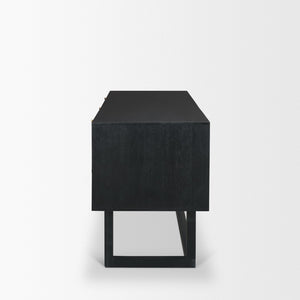 Mercana Grier 60" Solid Mango Wood Office Desk with Elegant Cane Drawer Fronts for Stylish Workspaces Black Wood | Black Cane | Brass 71145