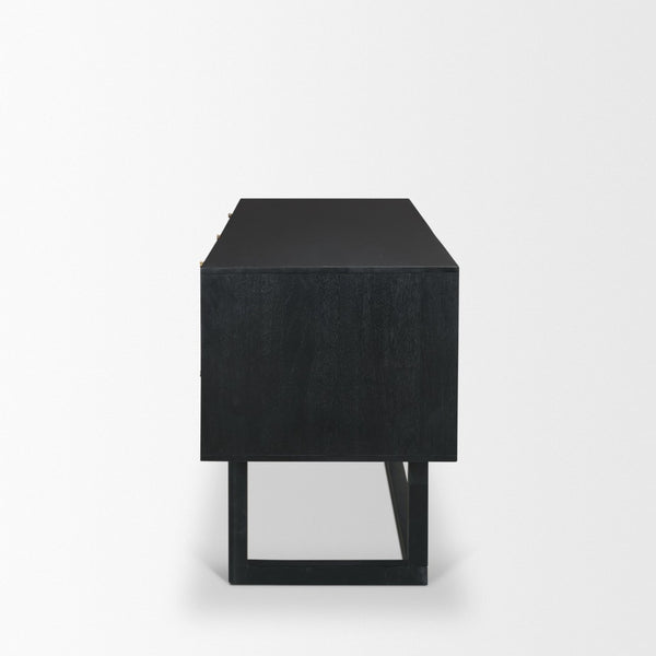 Mercana Grier 60" Solid Mango Wood Office Desk with Elegant Cane Drawer Fronts for Stylish Workspaces Black Wood | Black Cane | Brass 71145