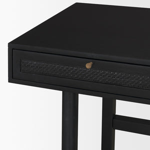 Mercana Grier 60" Solid Mango Wood Office Desk with Elegant Cane Drawer Fronts for Stylish Workspaces Black Wood | Black Cane | Brass 71145