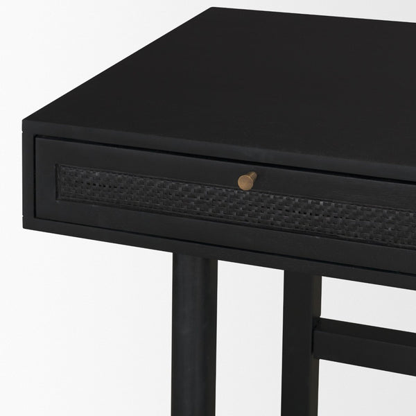 Mercana Grier 60" Solid Mango Wood Office Desk with Elegant Cane Drawer Fronts for Stylish Workspaces Black Wood | Black Cane | Brass 71145