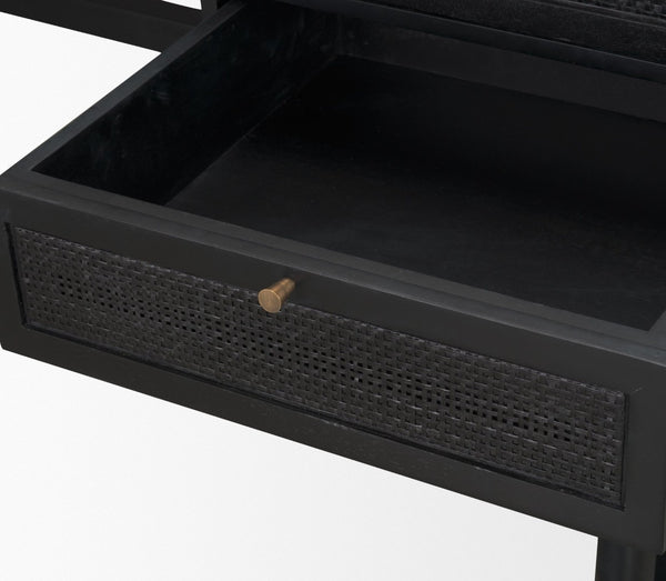 Mercana Grier 60" Solid Mango Wood Office Desk with Elegant Cane Drawer Fronts for Stylish Workspaces Black Wood | Black Cane | Brass 71145