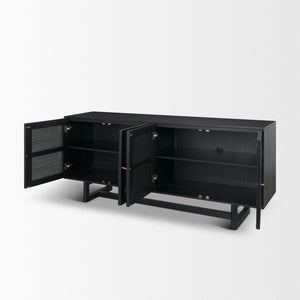 Mercana Grier Solid Wood Sideboard with Cane Doors - Stylish Storage Solution for Modern Dining Spaces Black Wood | Black Cane | Brass 71146