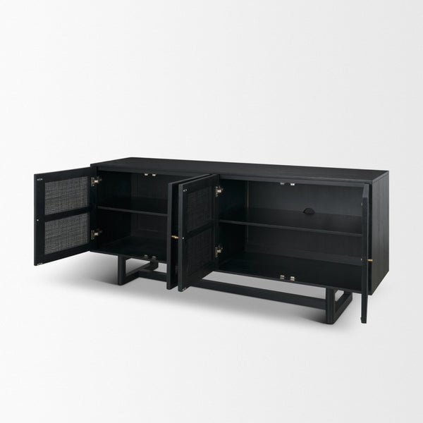 Mercana Grier Solid Wood Sideboard with Cane Doors - Stylish Storage Solution for Modern Dining Spaces Black Wood | Black Cane | Brass 71146
