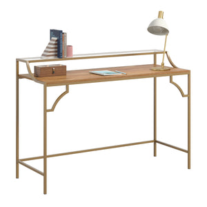 English Elm Writing Desk with Warm Mango Finish and Satin Gold Metal Frame, Compact Engineered Wood Workspace and Glass Shelf, Sturdy Design for Home Office, Hallway or Guest Room — Easy Assembly B356P368904