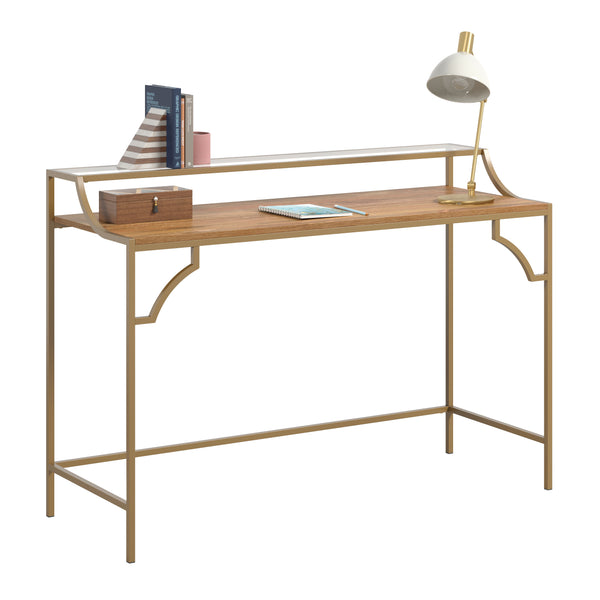 English Elm Writing Desk with Warm Mango Finish and Satin Gold Metal Frame, Compact Engineered Wood Workspace and Glass Shelf, Sturdy Design for Home Office, Hallway or Guest Room — Easy Assembly B356P368904