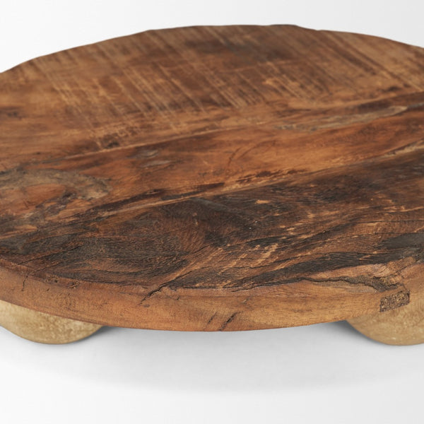 Mercana Kerra Artisan-Crafted Round Wood Tray - Rustic Tabletop Accent with Unique Grain and Sculptural Feet Reclaimed Wood | Small 71186