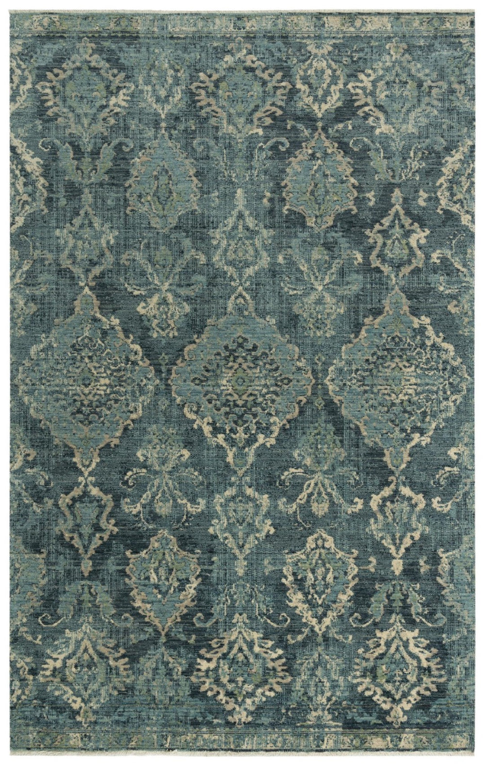 Alora Decor Intrepid Wool Damask Rug In Blue And Beige — Hand-Washed, Hand-Sheared Transitional Style For Living Rooms 9' x 12' 01001010209040912