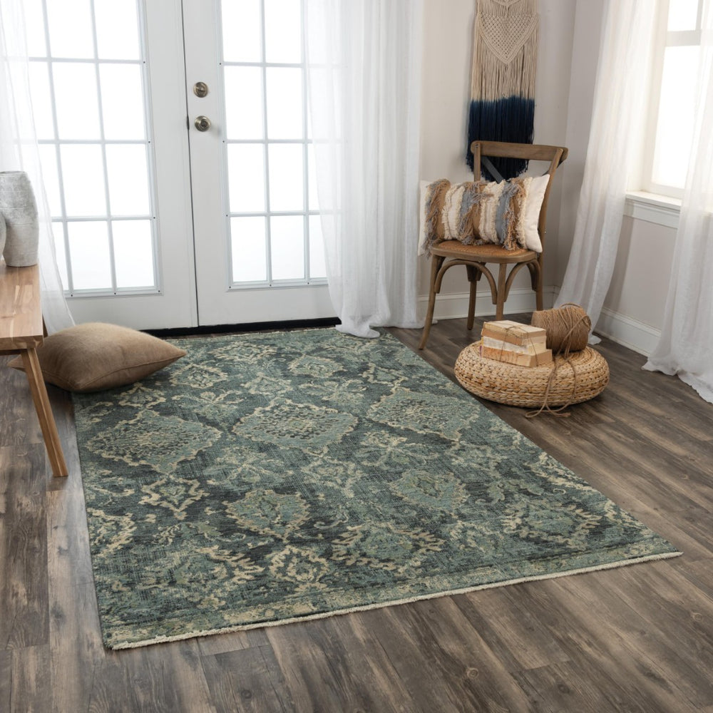 Alora Decor Intrepid Wool Damask Rug In Blue And Beige — Hand-Washed, Hand-Sheared Transitional Style For Living Rooms 9' x 12' 01001010209040912