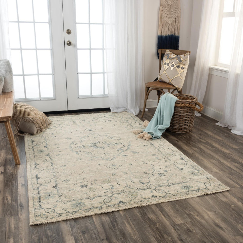 Alora Decor Intrepid Hand-Finished Wool Rug With Subtle Medallion, Neutral Beige Field, Fringe Accent, Low Pile 9' x 12' 01001010404300912