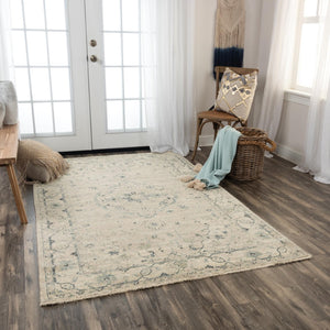 Alora Decor Intrepid Hand-Finished Wool Rug With Subtle Medallion, Neutral Beige Field, Fringe Accent, Low Pile 9' x 12' 01001010404300912