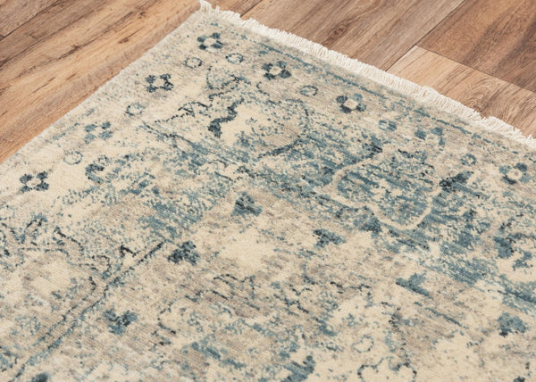 Alora Decor Intrepid Beige Wool Rug With Blue Classical Motifs, Hand-Finished Low-Pile Fringe For Durability 9' x 12' 01001010604090912