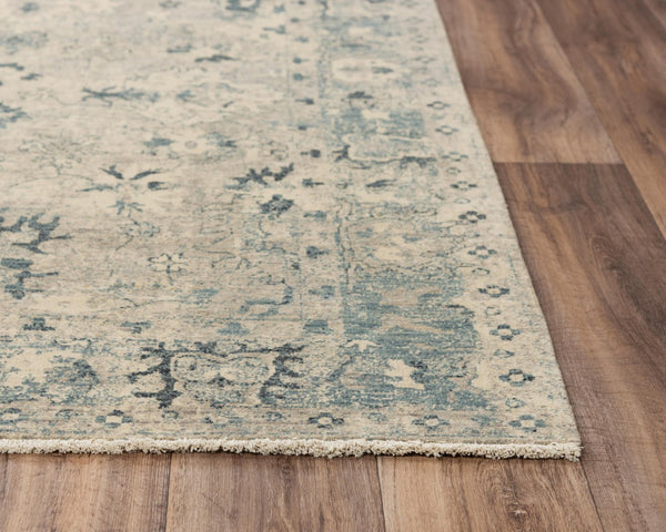 Alora Decor Intrepid Beige Wool Rug With Blue Classical Motifs, Hand-Finished Low-Pile Fringe For Durability 9' x 12' 01001010604090912