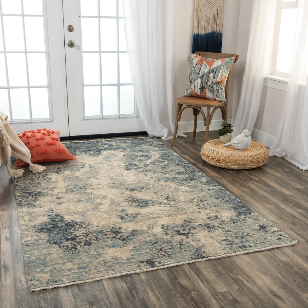Alora Decor Intrepid Blue Rectangle Rug — Hand-Finished Wool Blend, Distressed Floral In Blue Beige Ivory Elegance 8' x 10' 01001010900090810