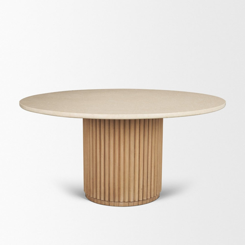 Mercana Marbrello Round Dining Table: Elegant Botticino Marble Top with Fluted Wood Base for Stylish Gatherings 71216-AB