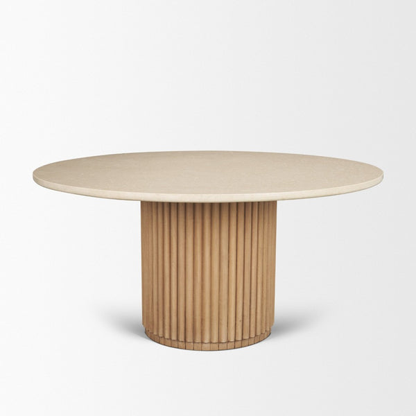 Mercana Marbrello Round Dining Table: Elegant Botticino Marble Top with Fluted Wood Base for Stylish Gatherings 71216-AB