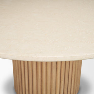 Mercana Marbrello Round Dining Table: Elegant Botticino Marble Top with Fluted Wood Base for Stylish Gatherings 71216-AB