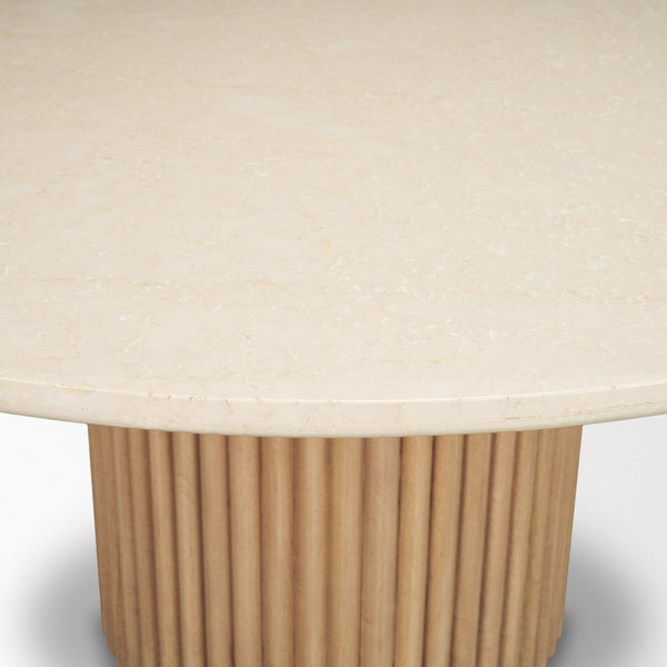 Mercana Marbrello Round Dining Table: Elegant Botticino Marble Top with Fluted Wood Base for Stylish Gatherings 71216-AB