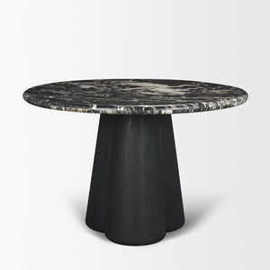 Mercana Marilyn Round Dining Table with Striking Black Forest Marble Top and Sculptural Wood Pedestal Design 71221-AB