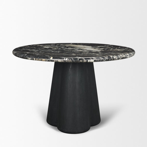 Mercana Marilyn Round Dining Table with Striking Black Forest Marble Top and Sculptural Wood Pedestal Design 71221-AB