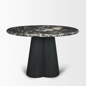 Mercana Marilyn Round Dining Table with Striking Black Forest Marble Top and Sculptural Wood Pedestal Design 71221-AB