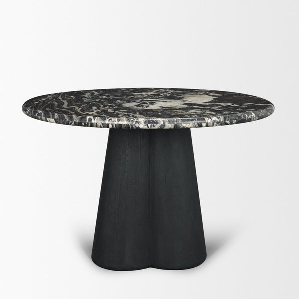 Mercana Marilyn Round Dining Table with Striking Black Forest Marble Top and Sculptural Wood Pedestal Design 71221-AB