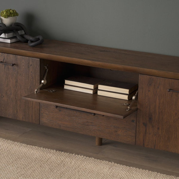 Mercana Belford 94" Rustic Oak Media Console with Versatile Storage and Cable Management for Modern Living Spaces 71229