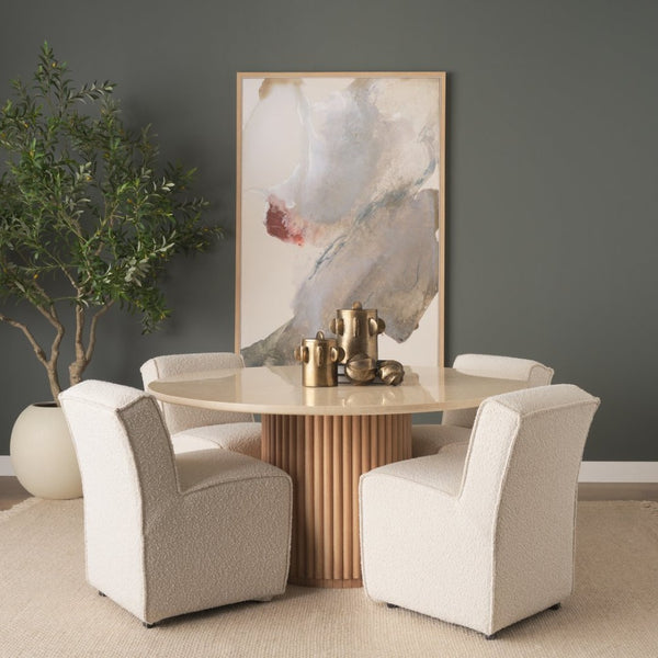 Mercana Marbrello Round Dining Table: Elegant Botticino Marble Top with Fluted Wood Base for Stylish Gatherings 71216-AB