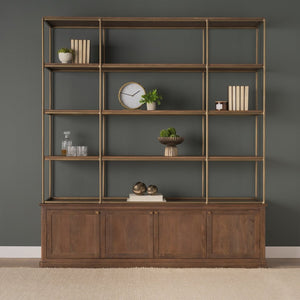 Mercana Baron 4-Door Open Shelving Unit in Solid Mango Wood with Industrial Flair for Modern Spaces Dark Brown | Antiqued Brass | 4 Doors 71114-AB