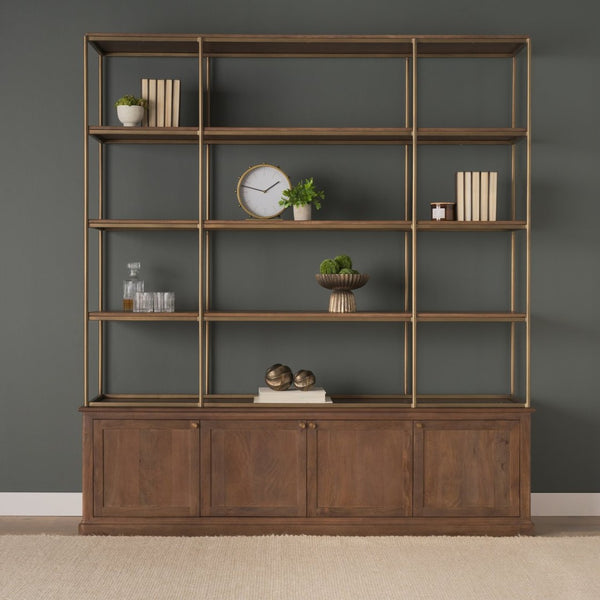 Mercana Baron 4-Door Open Shelving Unit in Solid Mango Wood with Industrial Flair for Modern Spaces Dark Brown | Antiqued Brass | 4 Doors 71114-AB