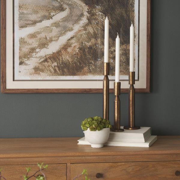 Mercana Declan Sculptural Brass Taper Candle Holders - Elegant Texture and Warm Glow for Any Decor Style Antique Gold | Set of 3 71173