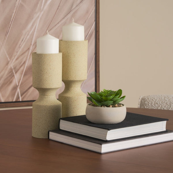 Mercana Akira Small Textured Metal Pillar Candle Holder – Elevate Your Space with Modern Organic Design Beige | Small 71150